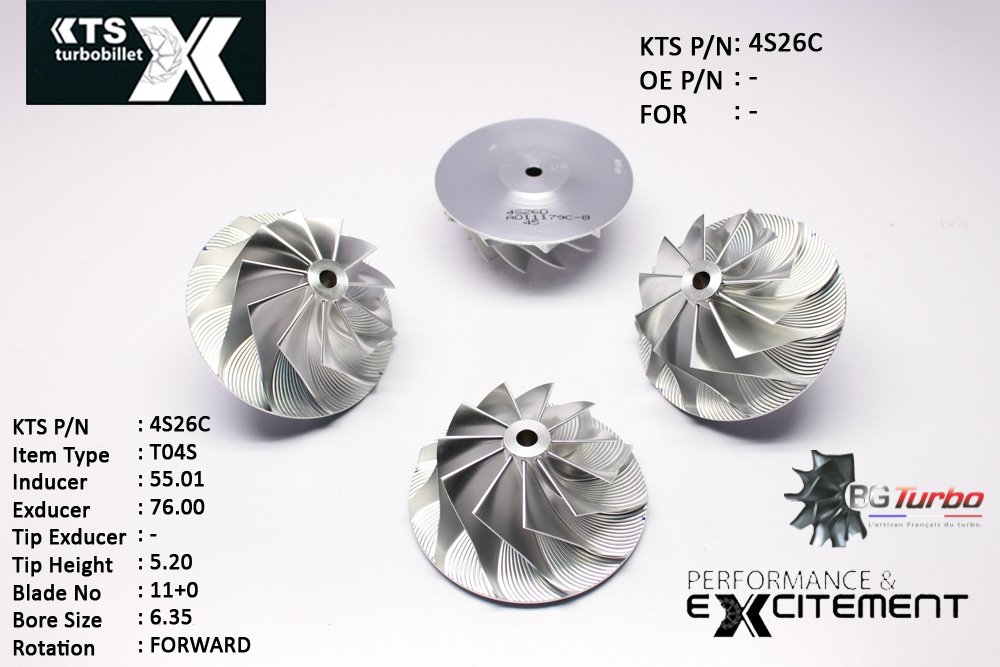 Turbo ROUE FORGÉE MFS PERFORMANCE - 11+0 PALES - INDUCER : 55,01 - EXDUCER : 76 - TYPE : T04SANGLE : 60° - ROTATION : Forward - SUPER BACK : 2,2 - BORE SIZE : 6,35
